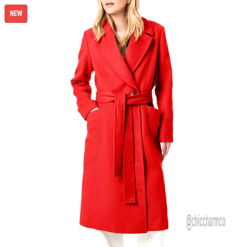 Women's Wool Blend Pea Coat with Belt, Notch Lapel, Long Sleeve Overcoat